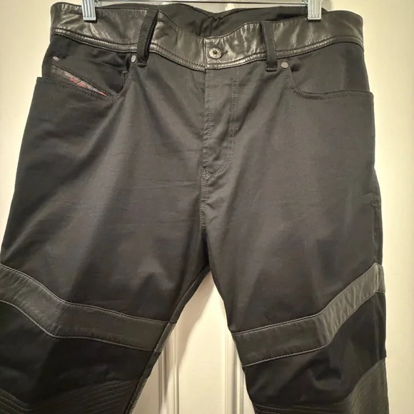 DIESEL Black Moto Biker Jeans Pants w/ Lambskin Leather Panels (Size 33x29)